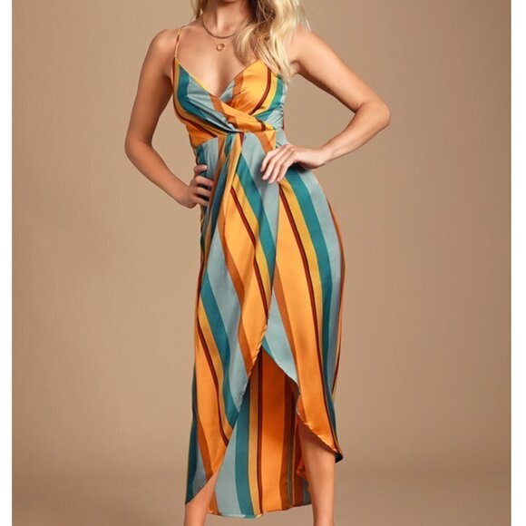 Lulus Jovi Orange Multi Striped Satin High-Low Midi Dress - Size S - Picture 1 of 12